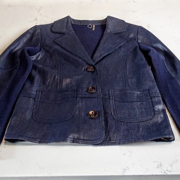 Anthro One Girl Who Navy Blue Leather Knit Jacket - Picture 3 of 7